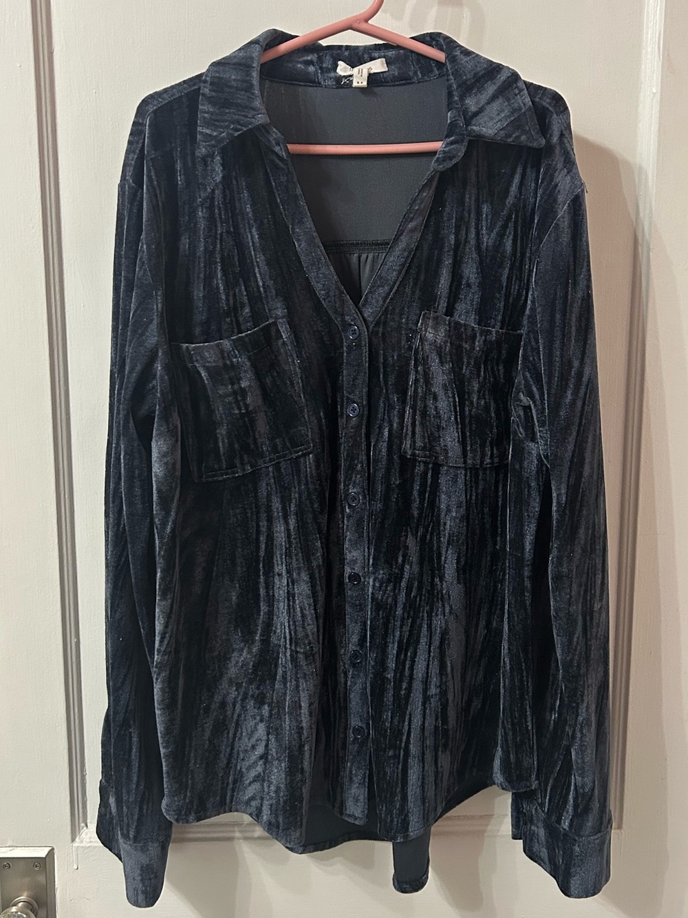 Maurices Navy Crushed Velvet Button-Up Blouse